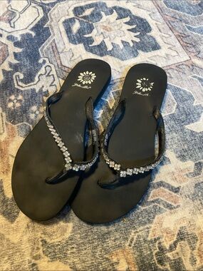 Yellow Box Black Rhinestone Flip Flop Sandals